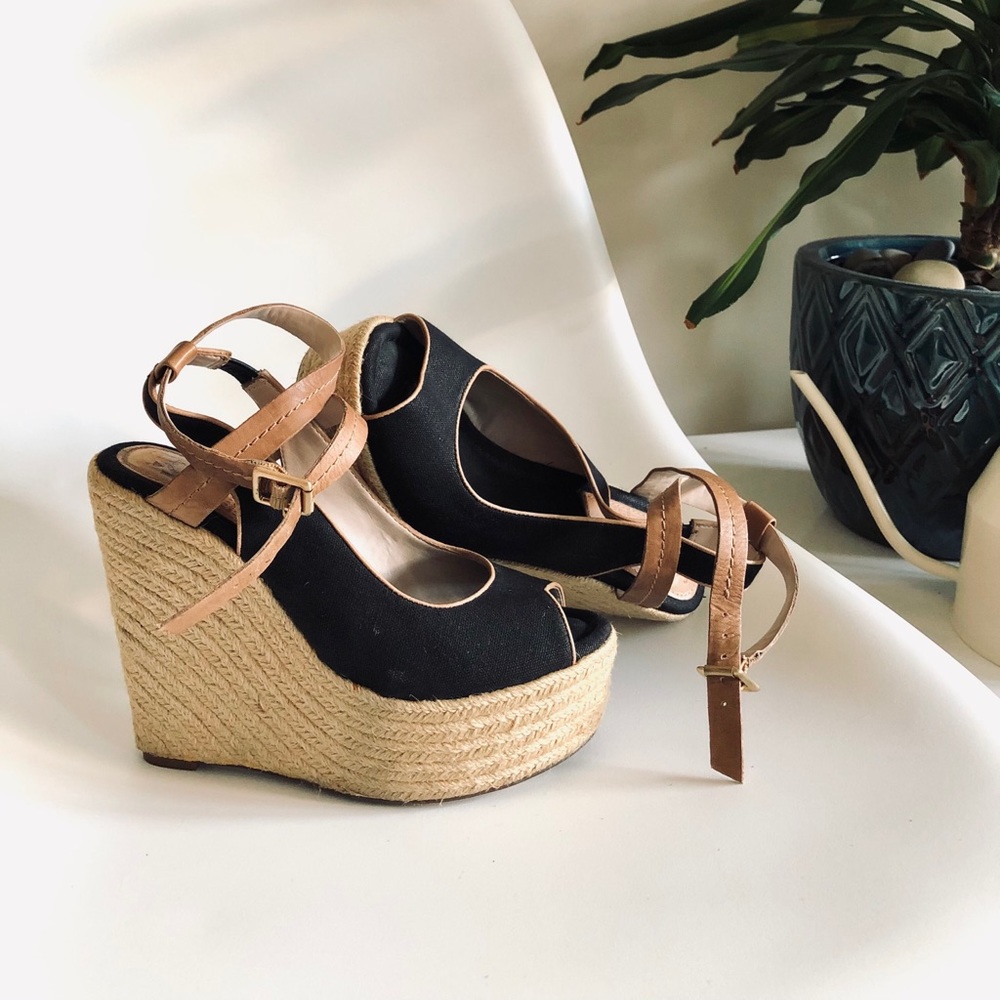 MRKT Black Canvas Leather Platform Wedges 6M
